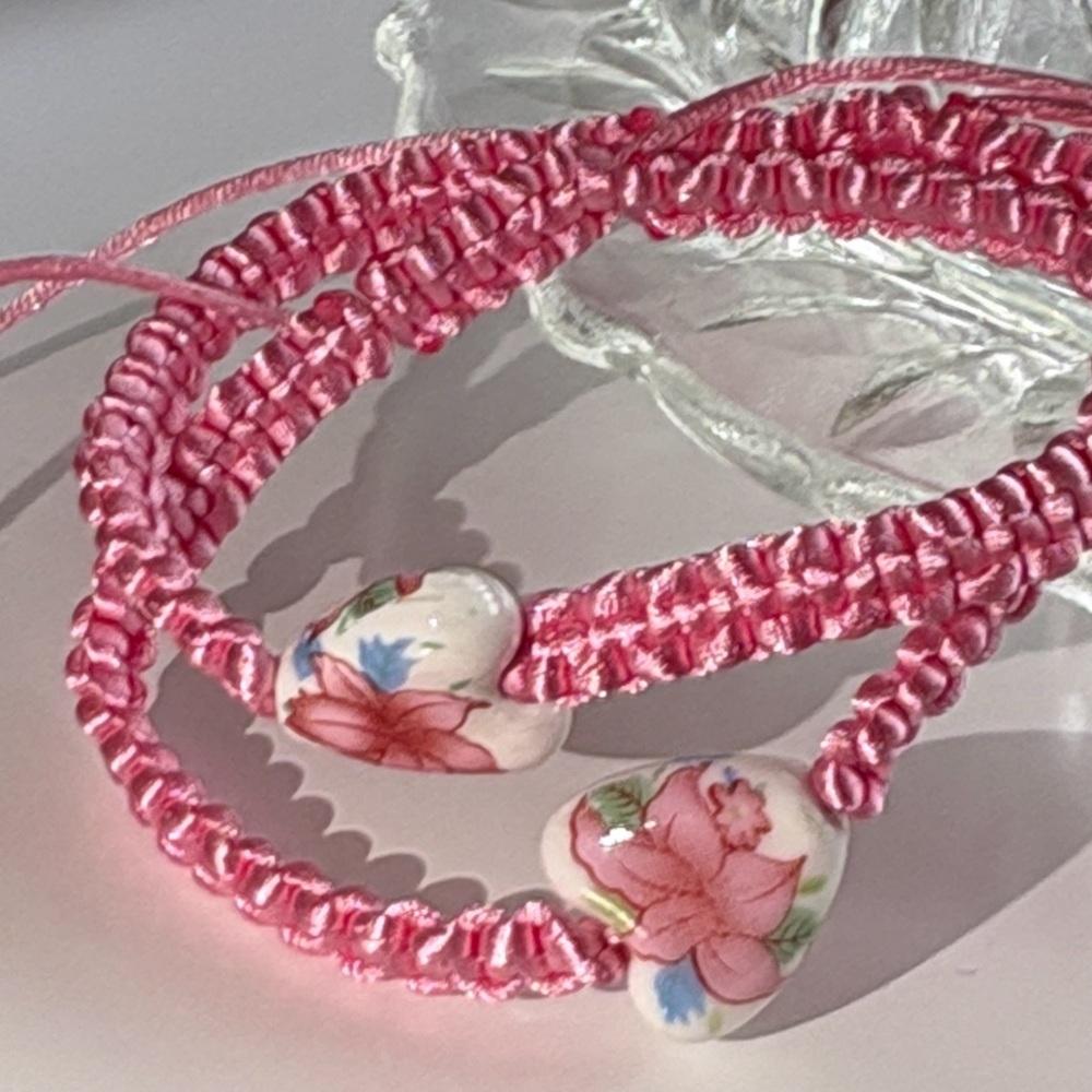 Pink Floral Ceramic Heart Adjustable Bracelets 2